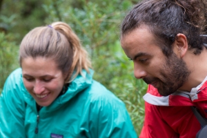 Rafaela Landea and Felipe Zepeda of MERI- out in the rain with the frogs!