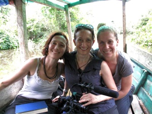 Barbara, myself, and Jen coming back from filming interviews on the river.